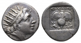 Greek
ISLANDS OFF CARIA, Rhodos. Rhodes. Circa 88-84 BC.AR Drachm plinthophoric series, struck under the magistrate Nikephoros. Radiate head of Helios...