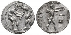 Greek
PISIDIA, Selge. Circa 400-325 BC. AR Stater BC. AR Stater . Two wrestlers grappling / Slinger in throwing stance right; the wedge and the altar...