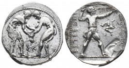 Greek
PAMPHYLIA, Aspendos. Circa 380/75-330/25 BC. AR Stater Two wrestlers grappling; ΣK between / Slinger in throwing stance right; counterclockwise ...