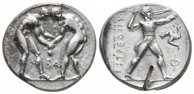 Greek
PAMPHYLIA, Aspendos. Circa 380/75-330/25 BC. AR Stater Two wrestlers grappling; BΛ between / Slinger in throwing stance right; triskeles to righ...