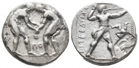 Greek
PAMPHYLIA. Aspendos. Circa 380/75-330/25 BC. AR Stater Two nude wrestlers, standing and grappling with each other; between them, ΠO. Rev. EΣTFEΔ...