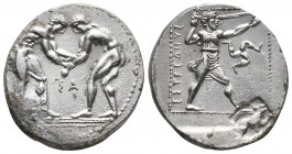 Greek Coins
PAMPHYLIA. Aspendos. Circa 380/75-330/25 BC AR StaterObv: Two wrestlers grappling; ΣA between.Rev: EΣTFEΔIIYΣ.Slinger in throwing stance r...