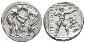Greek
PAMPHYLIA, Aspendos. Circa 380/75-330/25 BC. AR Stater Two wrestlers grappling; ΣK between / Slinger in throwing stance right; counterclockwise ...