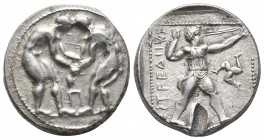 Greek
PAMPHYLIA, Aspendos. Circa 380/75-330/25 BC. AR Stater Two wrestlers grappling; Π between / Slinger in throwing stance right; triskeles to right...