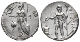 Greek
PAMPHYLIA. Side. Circa 370-360 BC AR. Stater Athena, helmeted and wearing long robes, standing left, holding Nike in her right hand and shield ...
