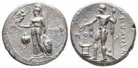 Greek
PAMPHYLIA Side Circa 370/360 BC AR . Stater Athena standing left, supporting shield and spear with left hand, holding Nike in right; pomegranate...