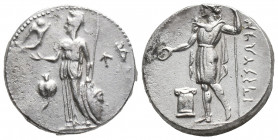 Greek
PAMPHYLIA. Side. Circa 370-360 BC AR Stater Pamphylian inscription Athena, helmeted and wearing long robes, standing left, holding Nike in her r...