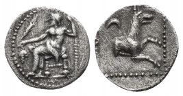 Greek
LYCAONIA. Laranda. Circa 324/3 BC. AR Obol Baaltars seated left, holding grain ear and grape bunch in his right hand and scepter in his left. Re...