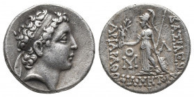 Greek
Kings of Cappadocia, Ariarathes VII Philometor AR Drachm. Mint B (Eusebia under Mt. Tauros), dated RY 7 = 110/9 BC. Diademed head to right / [ΒΑ...