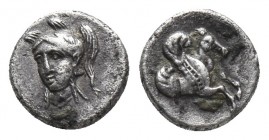 Greek
CILICIA, Uncertain. 4th century BC. AR Hemiobol Head of Athena facing slightly left, wearing triple-crested helmet / Forepart of Pegasos right....