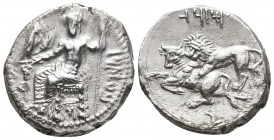 Greek
CILICIA, Tarsos. Mazaios. Satrap of Cilicia, 361/0-334 BC. AR Stater Baaltars seated left, holding eagle, grain ear, grapes, and scepter; monogr...