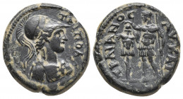 Roman Provincial
LYDIA, Tripolis. Trajan, 98-117. Assarion Ae TPIΠOΛ Bust of Athena to right, wearing Corinthian helmet, Aegis bound around neck. Rev....