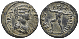 Roman Provincial
PHRYGIA. Bruzus. Julia Domna, 193-217. draped bust right,legend in border,Poseidon stands on the left, her right foot rests on the bo...