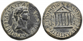 Roman Provincial
GALATIA, Ancyra. Nerva. 96-98 AD. Ae T. Pomponius Bas[s]us, presbytes and antistrategos. Laureate head right / Hexastyle temple; disk...