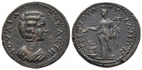 Roman Provincial
GALATIA. Tavium. Julia Domna, Augusta, AD 193-217 Tetrassarion Ae Draped bust of Julia Domna to right. Tyche stands in front, his hea...