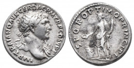 Roman Imperial
Trajan Ar Denarius. Rome, AD 103-104. IMP TRAIANO AVG GER DAC P M TR P COS V P P, laureate bust to right, aegis on far shoulder / S P Q...
