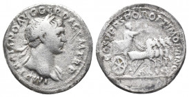 Roman Imperial
Trajan. AD 98-117. AR Denarius Rome mint. Struck circa AD 103-107. Laureate bust right, The chariot moves to the right, and the senate ...