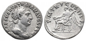 Roman Imperial
TRAIANUS AD 98-117. AR Denarius . Head with Lkr.no IMP CAES NERVA TRAIAN AVG GERM / PMTR P COS II PP Viktoria sits to the left, holding...