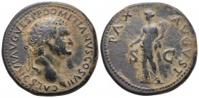 Roman Imperial
Domitian. As Caesar, AD 69-81. Ae Sestertius Rome mint. Struck under Titus, AD 80-81. Laureate head right / PAX AVGVST, Pax standing le...