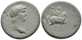 Roman Imperial
NERO. 54-68 AD. Ae Sestertius Lugdunum (Lyon) mint. Struck circa 64 AD. Laureate head right, globe at point of bust / Nero on horseback...