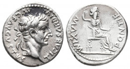 Roman Imperial
Tiberius AR Denarius. Lugdunum, circa AD 14-37. TI CAESAR DIVI AVG F AVGVSTVS, laureate head to right / PONTIF MAXIM, Livia, as Pax, se...