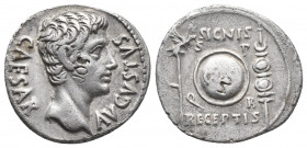Roman Imperial
Augustus AR Denarius. Spanish mint Colonia Patricia?, circa 19 BC. CAESAR AVGVSTVS, bare head to right / Round shield inscribed CL•V, a...