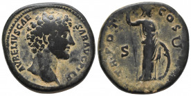 Roman Imperial
Marcus Aurelius Ae Sestertius. Rome AD 146 AVRELIVS CAES-AR AVG PII F COS II Helmeted and draped neck brace (Pallas / Athena) standing ...