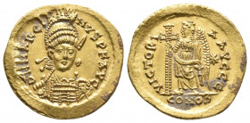 Roman Imperial
Marcianus, 450 – 457. Solidus, Constantinopolis AD 450, AV . Helmeted, pearl- diademed and cuirassed bust facing three-quarters r., hol...