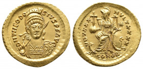 Roman Imperial
Theodosius II AV Solidus. Constantinople, AD 441-450. D N THEODOSIVS P F AVG, helmeted, pearl-diademed, draped and cuirassed bust facin...