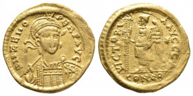 Roman Imperial
Zeno. Second reign, AD 476-491. AV Solidus . Constantinople mint, 1st officina. Struck AD 477-491. Pearl-diademed, helmeted, and cuiras...