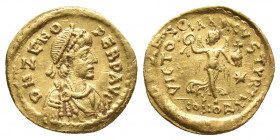 Roman Imperial
Zeno AV Tremissis. Second Reign. Constantinople, AD 476-491. D N ZENO PERP AVG, pearl-diademed, draped and cuirassed bust to right / VI...