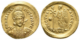 Byzantine
Anastasius I AV Solidus. Constantinople, AD 498-518. D N ANASTASIVS P P AVG, helmeted and cuirassed bust three-quarters facing, holding spea...