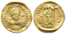 Byzantine
Anastasius I AV Solidus. Constantinople, AD 498-518. D N ANASTASIVS P P AVG, helmeted and cuirassed bust three-quarters facing, holding spea...