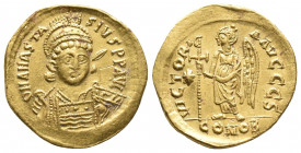 Byzantine
Anastasius I AV Solidus. Constantinople, AD 498-518. D N ANASTASIVS P P AVI, helmeted and cuirassed bust three-quarters facing, holding spea...