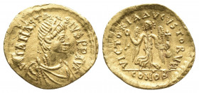 Byzantine
Anastasius I AV Tremissis. Constantinople, AD 492-518. D N ANASTSIVS P P AVC (sic), pearl-diademed and cuirassed bust to right, wearing palu...
