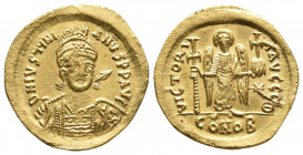Byzantine
JUSTINIAN I 527-565. GOLD Solidus. Constantinople
 D N IVSTINIANVS P P AVG. Helmeted and cuirassed bust facing slightly right, holding spear...