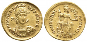 Roman Imperial
Honorius AV Solidus. Constantinople, AD 397-402. D N HONORIVS P F AVG, helmeted, pearl-diademed and cuirassed bust facing slightly to r...