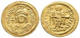 Byzantine
Maurice Tiberius. 582-602. AV Solidus Light weight issue of 23 siliquae. Constantinople mint, 5th officina. Struck 583/4-602. Helmeted, drap...