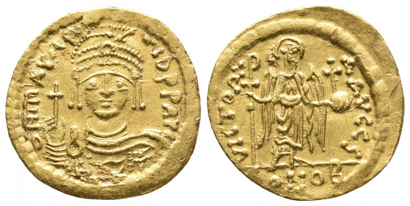 Byzantine
Maurice Tiberius. 582-602. AV Solidus Light weight issue of 23 siliqua...
