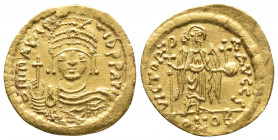 Byzantine
Maurice Tiberius. 582-602. AV Solidus Light weight issue of 23 siliquae. Constantinople mint, 5th officina. Struck 583/4-602. Helmeted, drap...