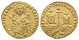 Byzantine
Basil I 'the Macedonian' AV Solidus. Constantinople, AD 870-871. + IhS XPS RЄX RЄGNANTIЧM*, Christ, nimbate, seated facing, wearing chiton, ...