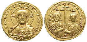 Byzantine
Constantine VII, with Romanus II, AV Solidus. Constantinople, AD 955-959. ⧾ IҺS XPS RЄX RЄϚNANTIЧm ⸭, bust of Christ Pantokrator facing / CO...
