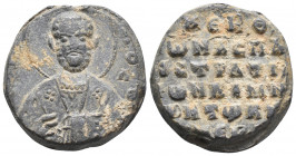 BYZANTINE LEAD SEAL  AZIZ NICHOLAS PROTOSPATIARIOS (11th Century)
Obverse: bust of Saint Nicholas. Circle beard, halo. He is holding the Bible with h...