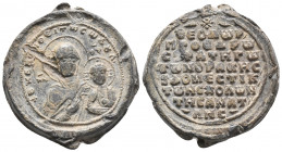 BYZANTINE LEAD SEAL  THEDOROS PROEDROS STRATEGOS DEMOSTIKOS SKHOLON ANATOLIA (11th Century)
Obverse: Mary is holding the child Jesus in her arms. He ...