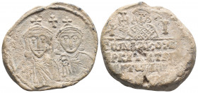 BYZANTINE LEAD SEAL  LEO III, CONSTANTINE V AND LEO IV COMMERKIARIOS (751-775)
Obverse: Constantine V and Leo IV wearing crucifixion and draped busts...