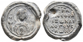 BYZANTINE LEAD SEAL  STRATOR LOGOTHETES (11th Century)
Obverse: Mary praying, wearing chiton and mapharion. Blackhernitissa Jesus in the medallion on...