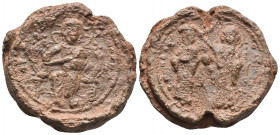 BYZANTINE LEAD SEAL  CONSTANTINE X DUCAS
Obverse: Jesus seated on throne with curved back, wearing nimbus cross, pallium and khlayms, raised right ha...