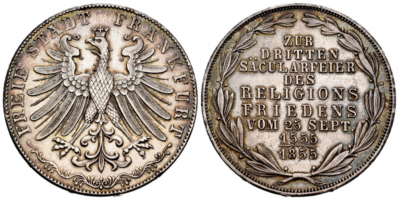 Germany. 2 gulden. 1855. Frankfurt. (Km-353). (Dav-647). Ag. 21,08 g. It retains...