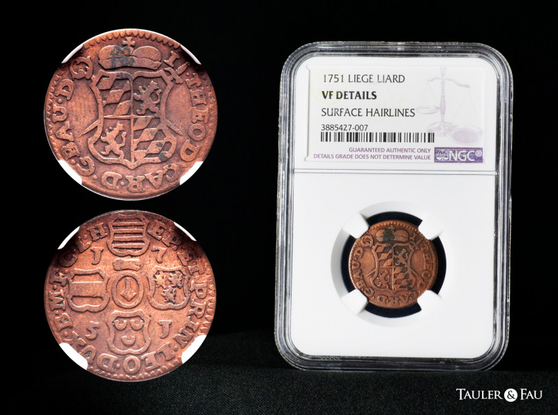 Belgium. 1 liard. 1751. Liege. (Km-146). Ae. Slabbed by NGC as VF DETAILS. NGC-V...