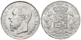 Belgium. Leopold II. 5 francs. 1870. (Km-24). Ag. 25,00 g. AU. Est...60,00. 


 SPANISH DESRCIPTION: Bélgica. Leopold II. 5 francs. 1870. (Km-24). ...